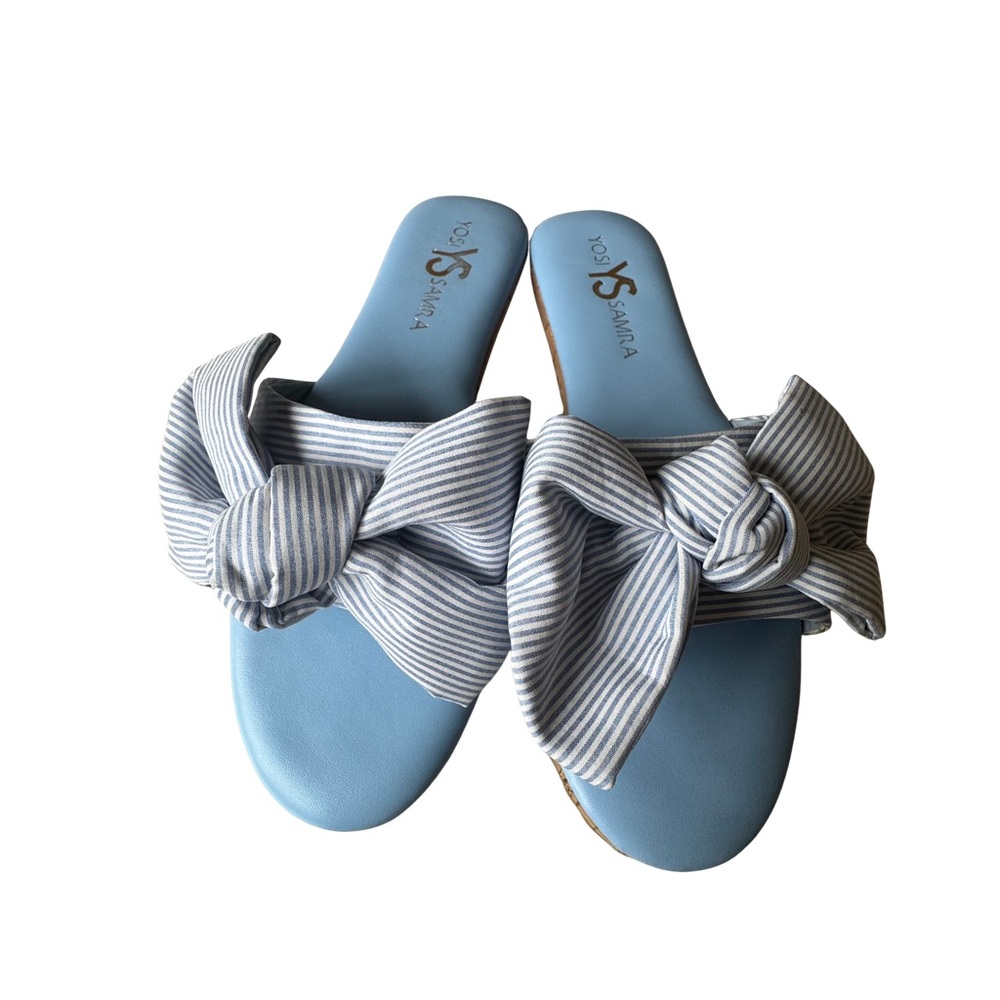 Yosi Samra Nicole Bow Slide Sandals Blue and White Stripe Bow Cork Sole Size 8 - Picture 4 of 6